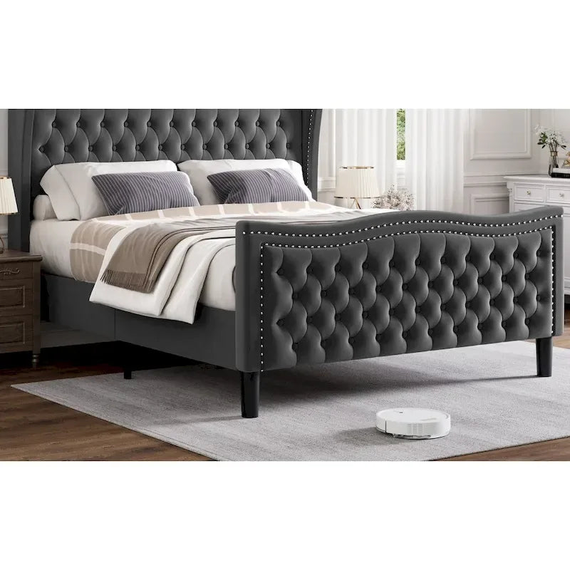 Letto a piattaforma in velluto in stile moderno con testiera imbottita per camera da letto