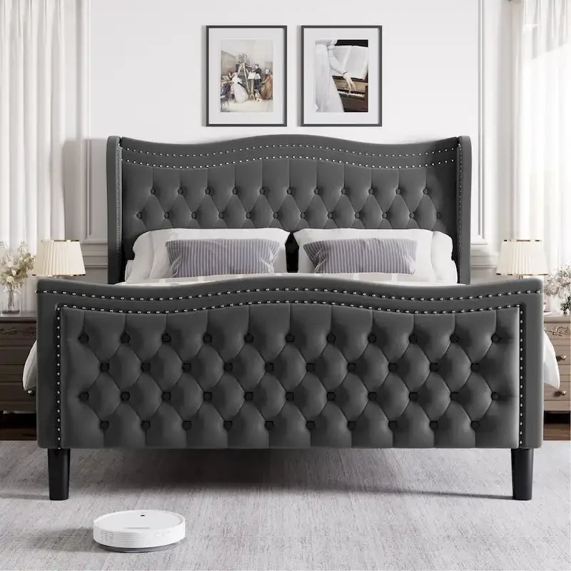 Letto a piattaforma in velluto in stile moderno con testiera imbottita per camera da letto