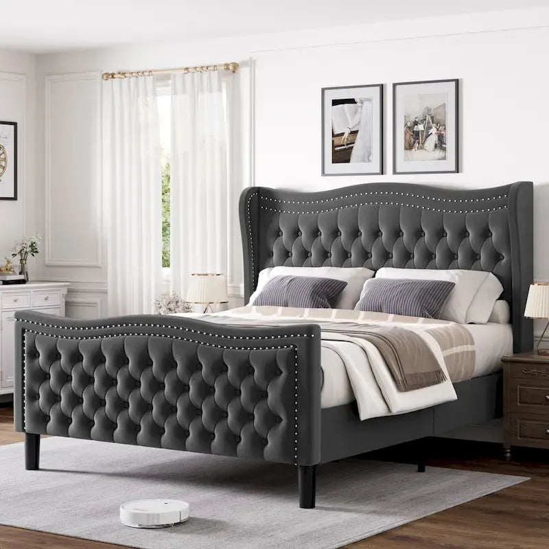 Letto a piattaforma in velluto in stile moderno con testiera imbottita per camera da letto