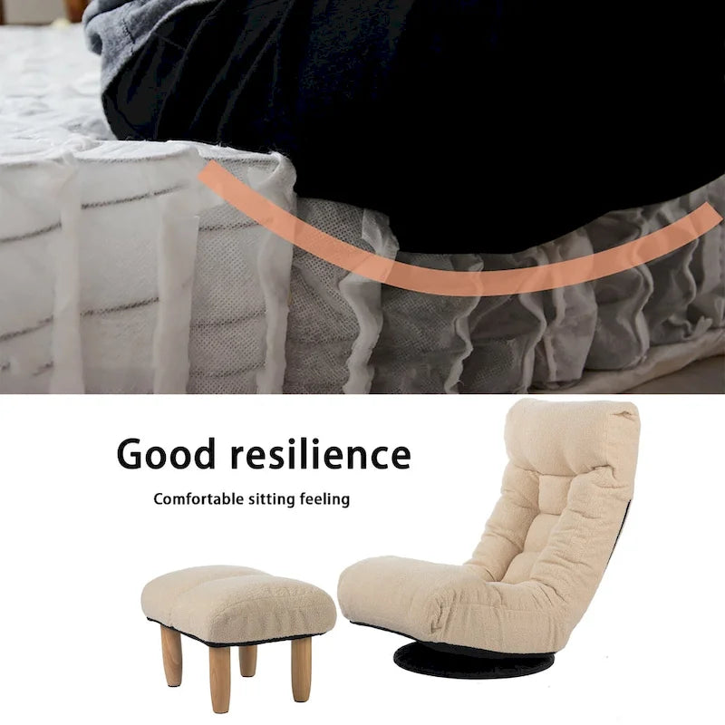 Beige Boucle Upholstered 360 Swivel Armless Manual Leisure Recliner Set with Ottoman, Adjustable Headrest and Backrest
