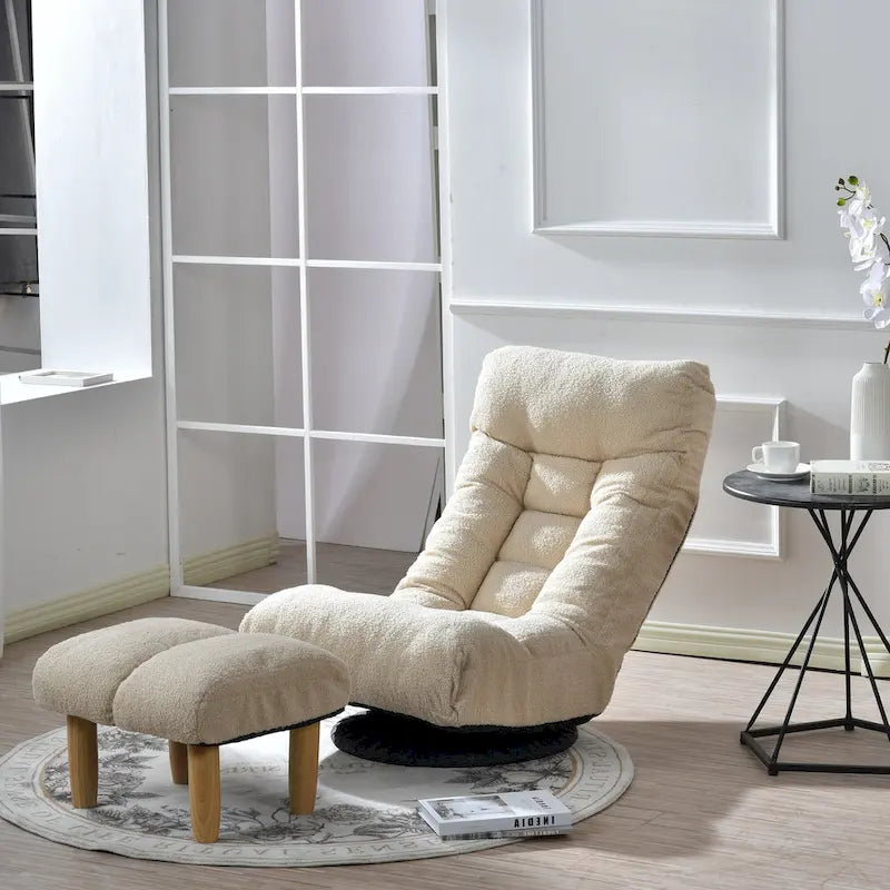 Beige Boucle Upholstered 360 Swivel Armless Manual Leisure Recliner Set with Ottoman, Adjustable Headrest and Backrest