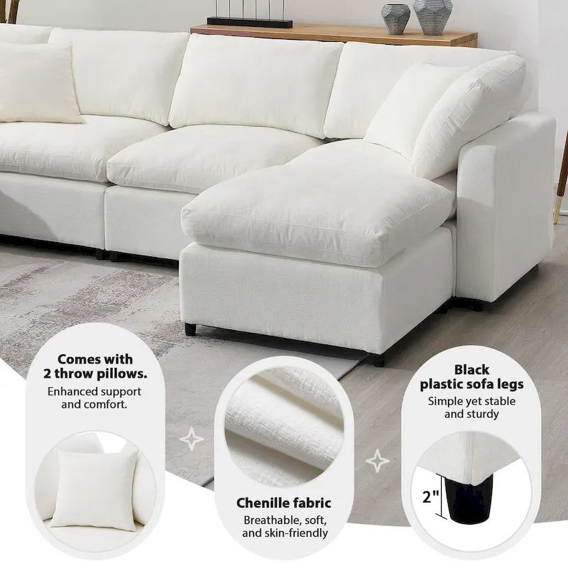 Beige 130 Chenille Cloud U-Shaped Sleeper Sectional Sofa, 6-Piece Modular Design