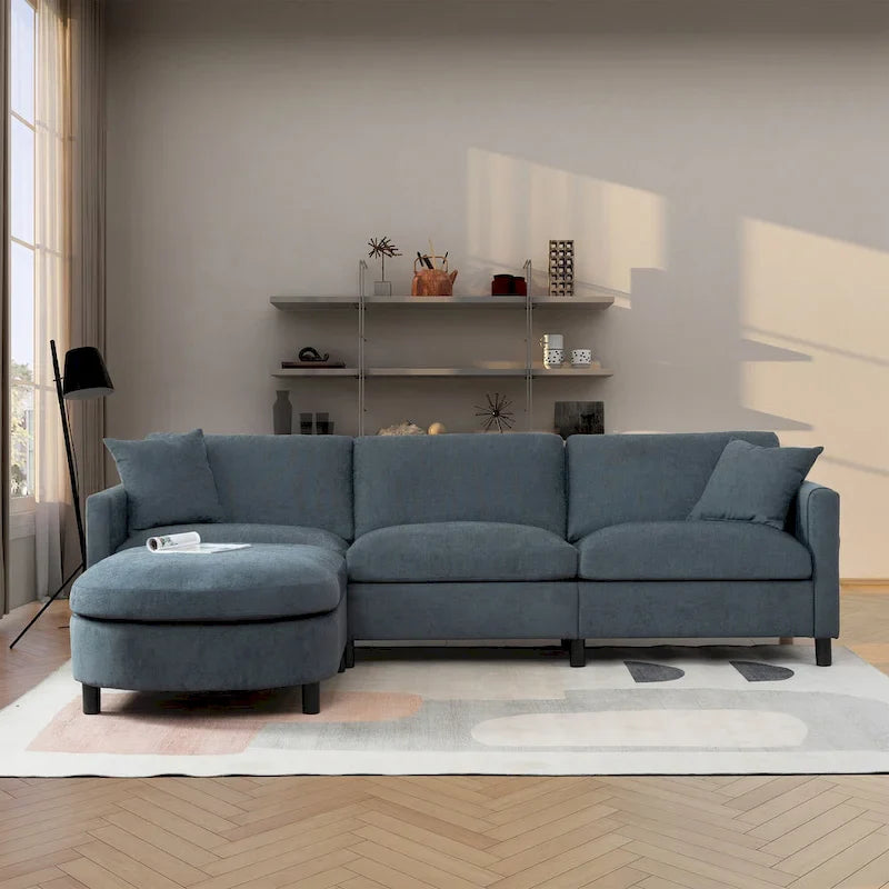 Grey 107.87 Removable Cushion 4 Seater Sectional Sofa with Movable Ottoman, Storage Armrest Bag