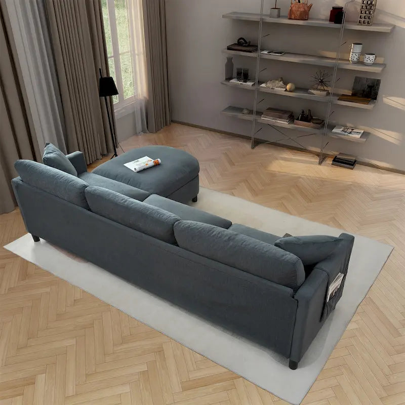 Grey 107.87 Removable Cushion 4 Seater Sectional Sofa with Movable Ottoman, Storage Armrest Bag