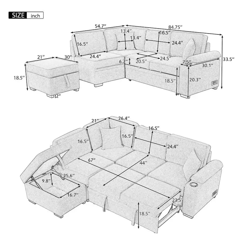 Green 84.75 L-Shaped 5-Seat Sleeper Sofa with Storage