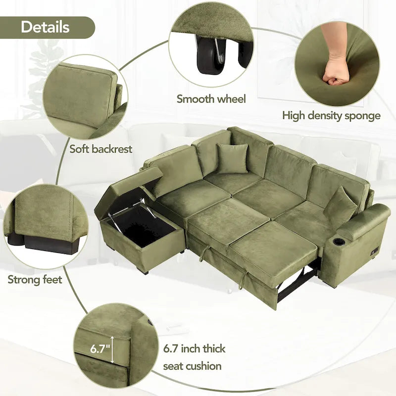 Green 84.75 L-Shaped 5-Seat Sleeper Sofa with Storage
