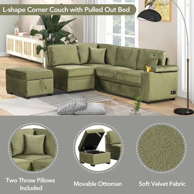 Green 84.75 L-Shaped 5-Seat Sleeper Sofa with Storage