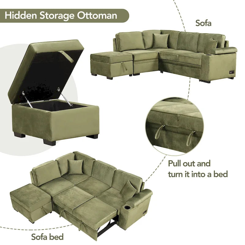 Green 84.75 L-Shaped 5-Seat Sleeper Sofa with Storage
