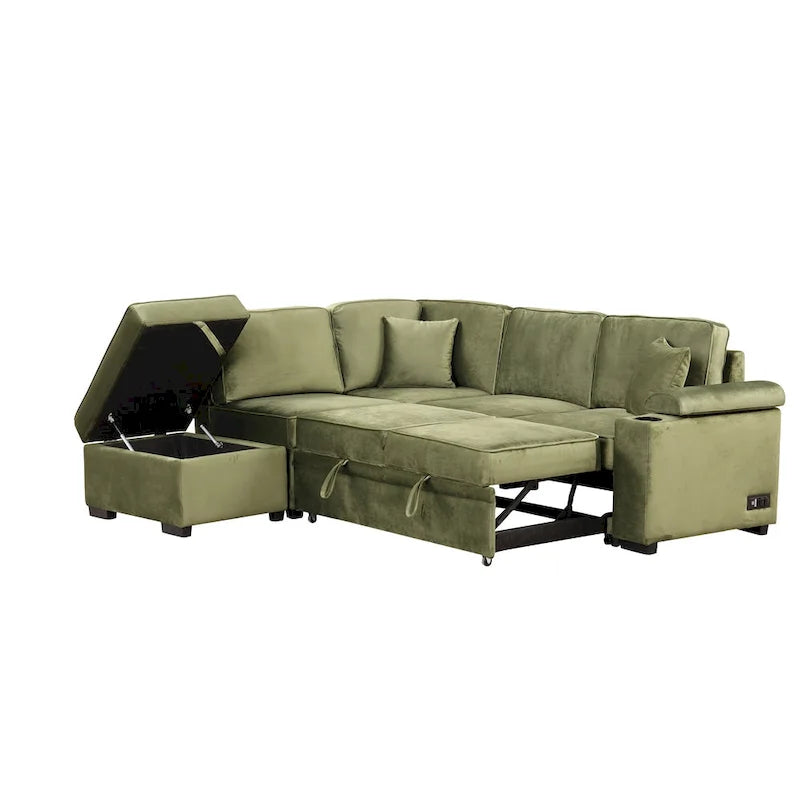 Green 84.75 L-Shaped 5-Seat Sleeper Sofa with Storage