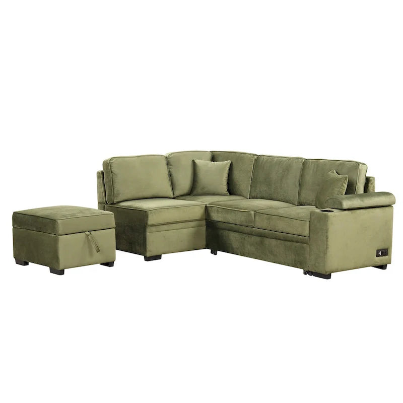 Green 84.75 L-Shaped 5-Seat Sleeper Sofa with Storage