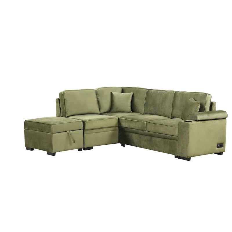Green 84.75 L-Shaped 5-Seat Sleeper Sofa with Storage