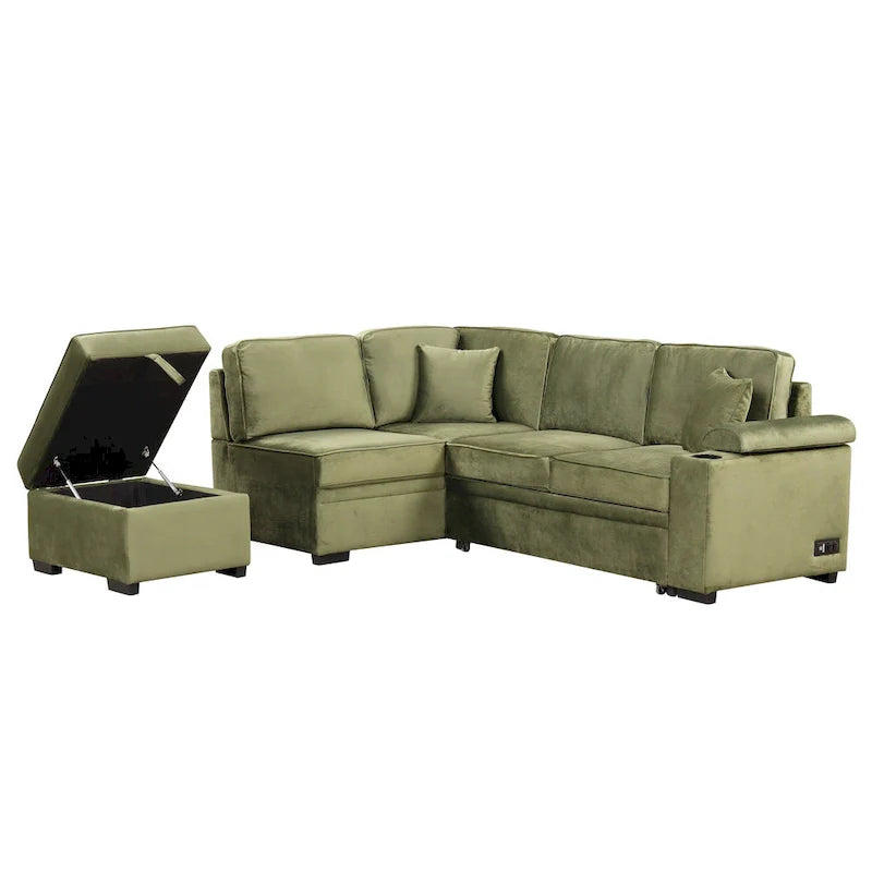 Green 84.75 L-Shaped 5-Seat Sleeper Sofa with Storage