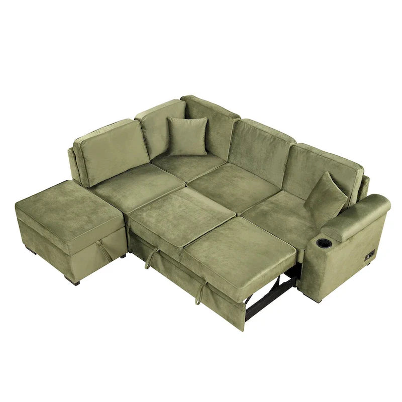 Green 84.75 L-Shaped 5-Seat Sleeper Sofa with Storage