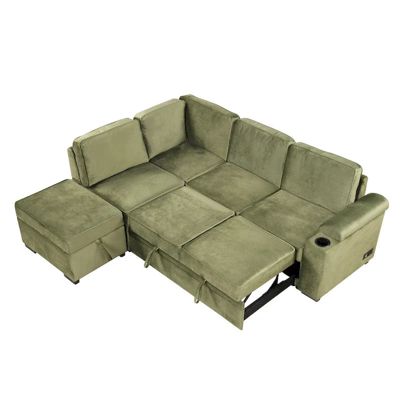 Green 84.75 L-Shaped 5-Seat Sleeper Sofa with Storage