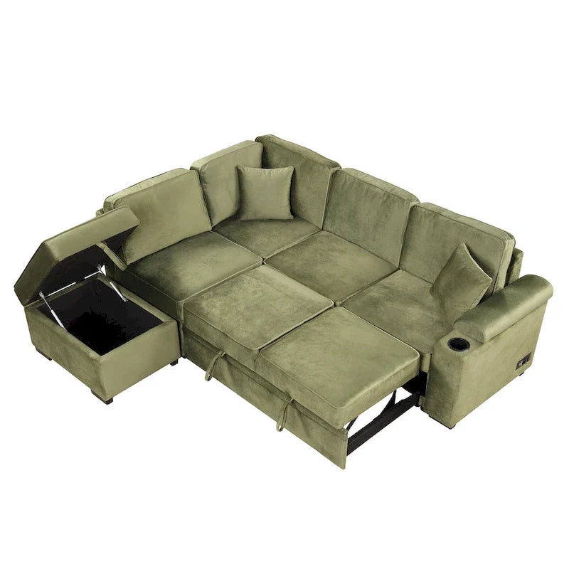 Green 84.75 L-Shaped 5-Seat Sleeper Sofa with Storage