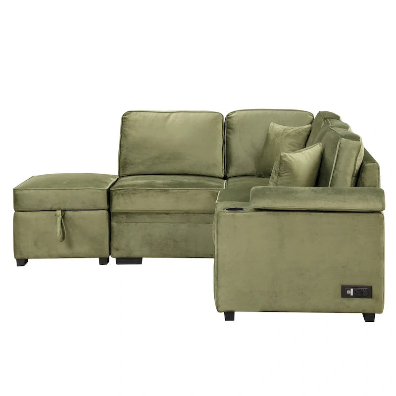 Green 84.75 L-Shaped 5-Seat Sleeper Sofa with Storage