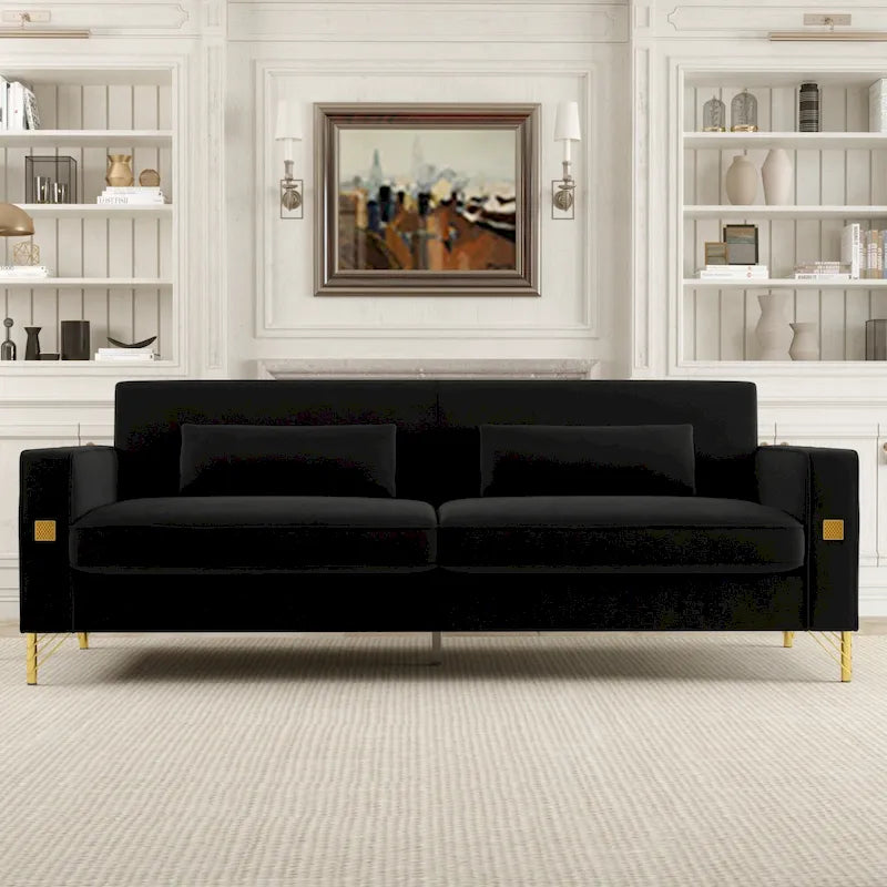 Modern 85.63 Velvet 3-seater Sofa with Gold Accents and Plush Cushions for Living Room