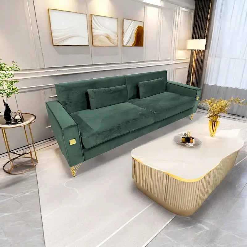 Modern 85.63 Velvet 3-seater Sofa with Gold Accents and Plush Cushions for Living Room