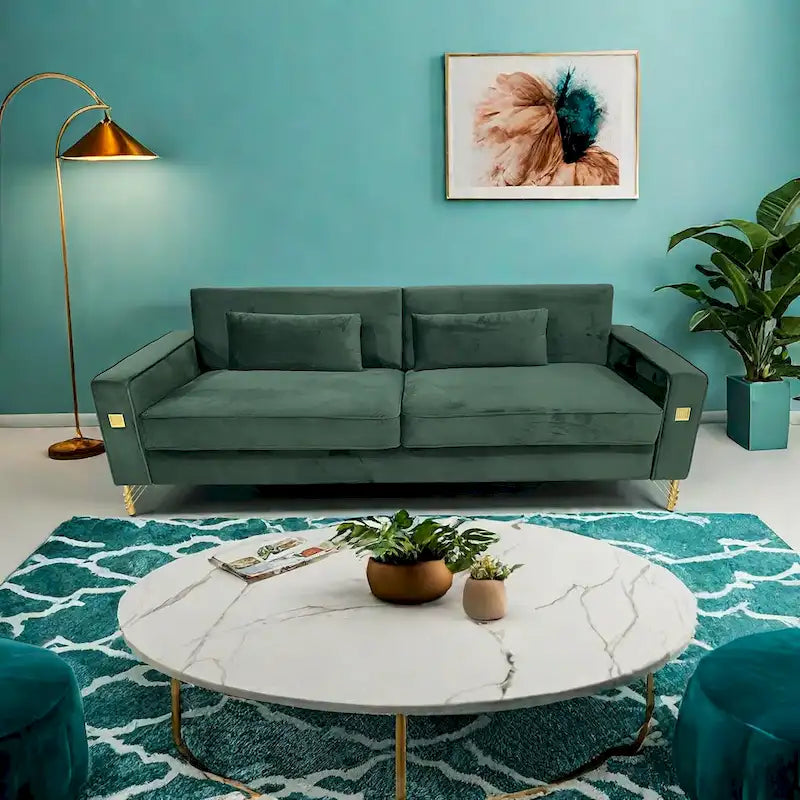 Modern 85.63 Velvet 3-seater Sofa with Gold Accents and Plush Cushions for Living Room