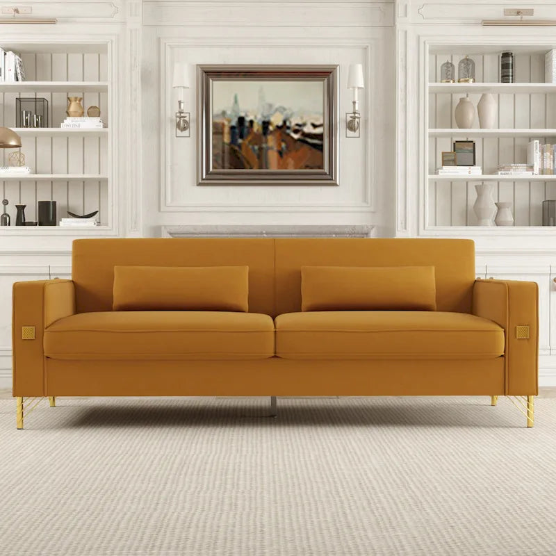 Modern 85.63 Velvet 3-seater Sofa with Gold Accents and Plush Cushions for Living Room