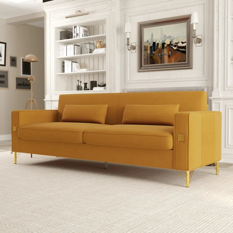 Modern 85.63 Velvet 3-seater Sofa with Gold Accents and Plush Cushions for Living Room
