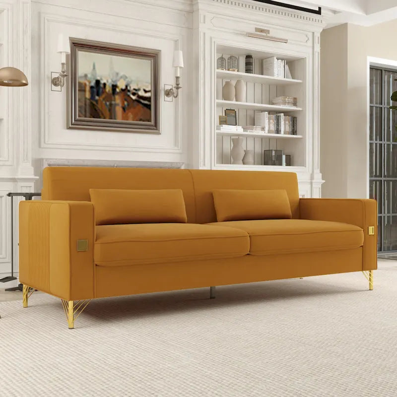 Modern 85.63 Velvet 3-seater Sofa with Gold Accents and Plush Cushions for Living Room