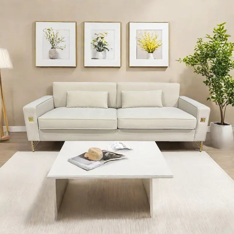 Modern 85.63 Velvet 3-seater Sofa with Gold Accents and Plush Cushions for Living Room