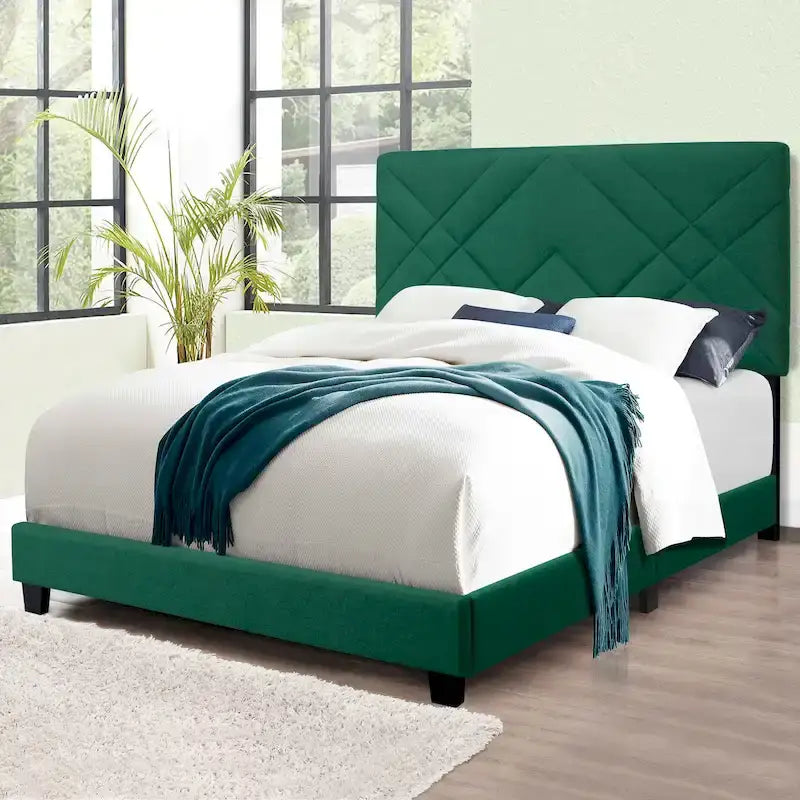 Green Queen Size Adjustable Velvet Platform Bed with Upholstered Headboard