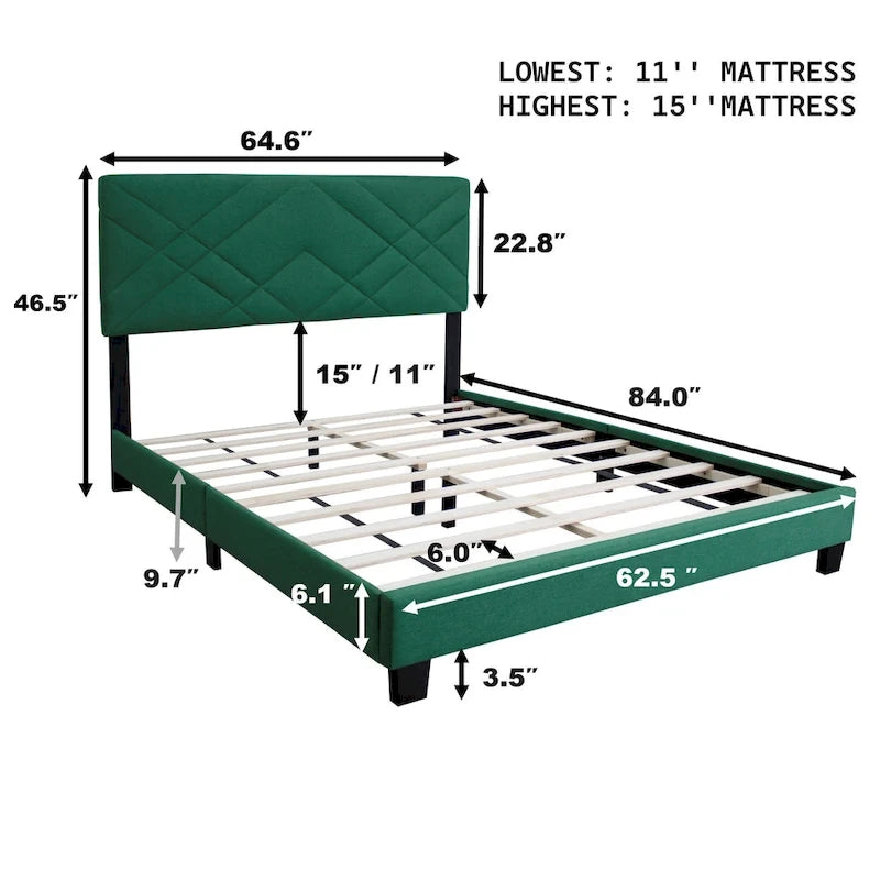 Green Queen Size Adjustable Velvet Platform Bed with Upholstered Headboard