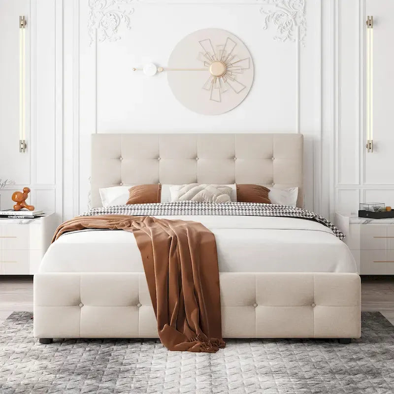 Queen Size Linen Button Tufted Platform Bed Frame with 4 Storage Drawers