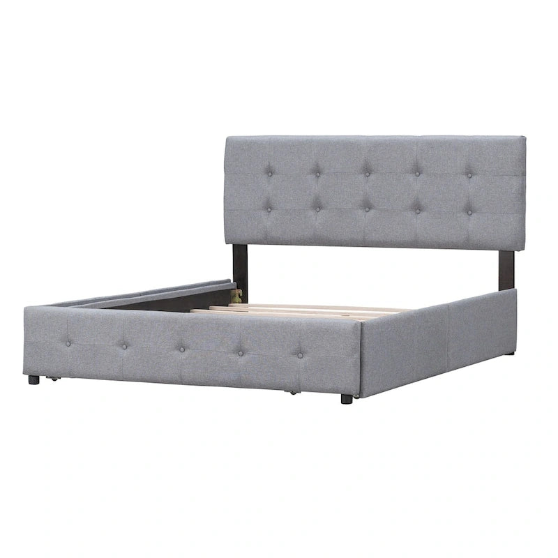 Queen Size Linen Button Tufted Platform Bed Frame with 4 Storage Drawers