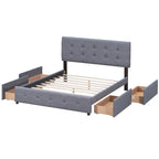 Queen Size Linen Button Tufted Platform Bed Frame with 4 Storage Drawers