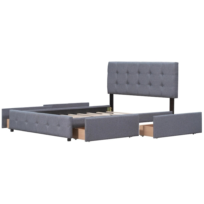 Queen Size Linen Button Tufted Platform Bed Frame with 4 Storage Drawers
