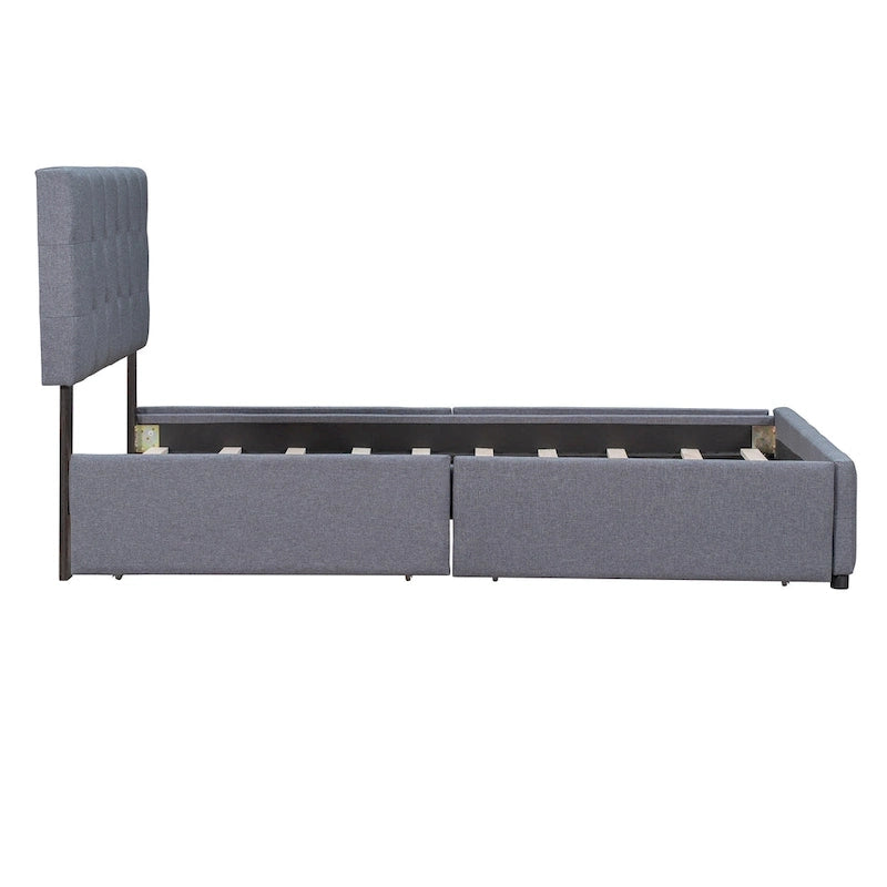 Queen Size Linen Button Tufted Platform Bed Frame with 4 Storage Drawers