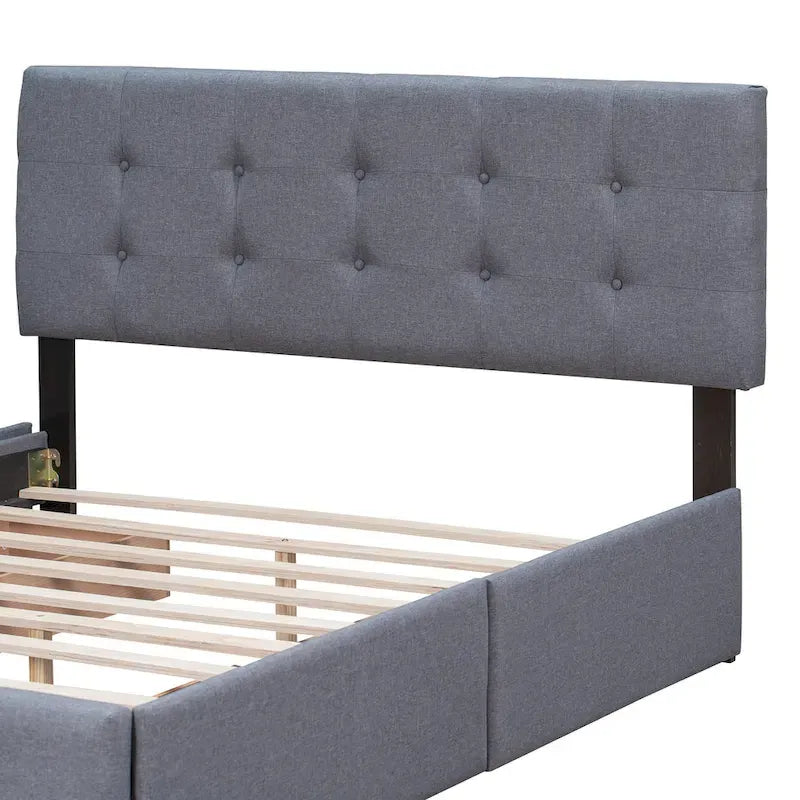 Queen Size Linen Button Tufted Platform Bed Frame with 4 Storage Drawers
