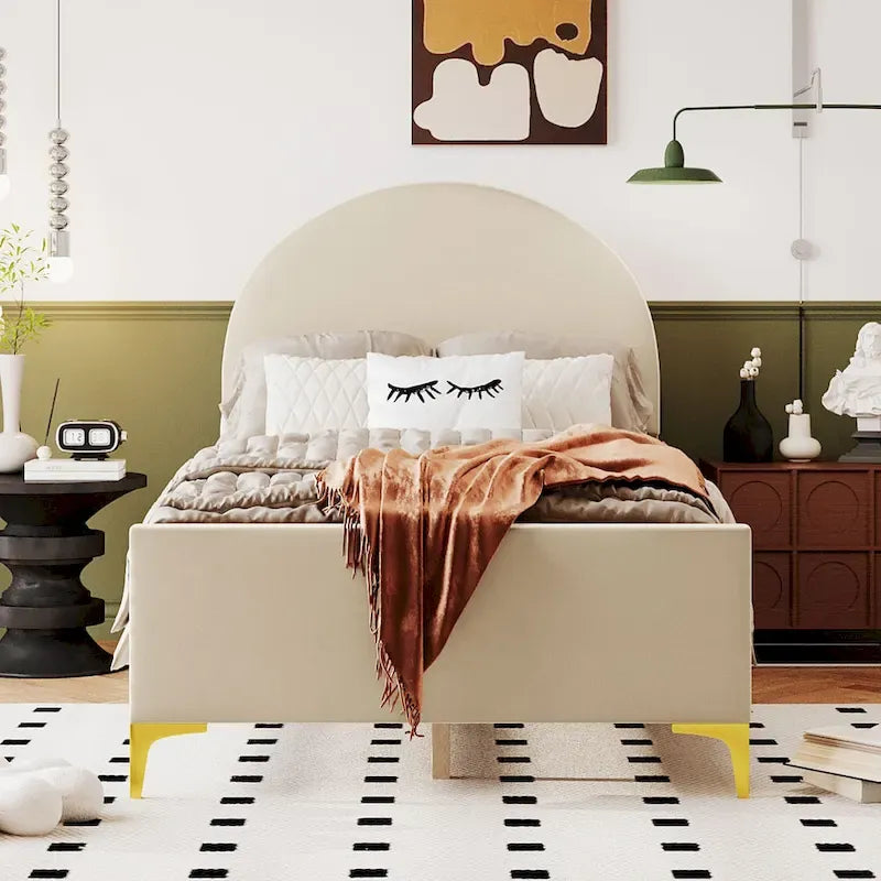 Twin Velvet Platform Bed with Semi-Circle Headboard