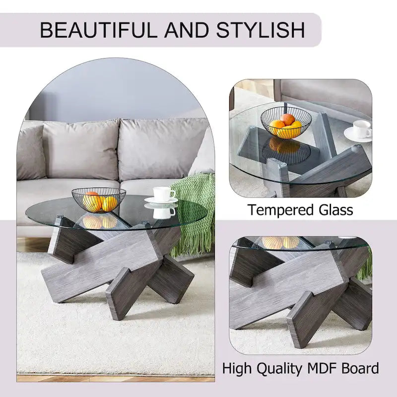 33.4 Modern Round Coffee Table with Clear Tempered Glass Top and MDF Legs for Living Room
