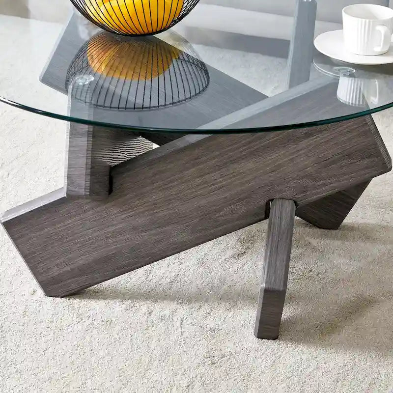 33.4 Modern Round Coffee Table with Clear Tempered Glass Top and MDF Legs for Living Room