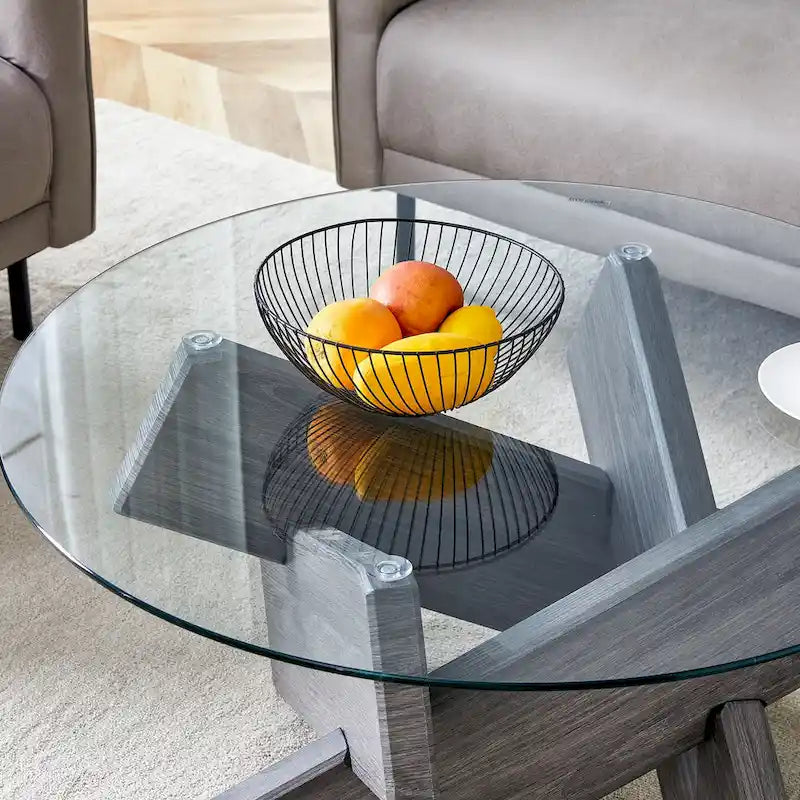 33.4 Modern Round Coffee Table with Clear Tempered Glass Top and MDF Legs for Living Room