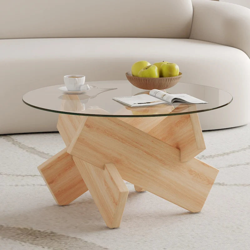 33.4 Modern Round Coffee Table with Clear Tempered Glass Top and MDF Legs for Living Room