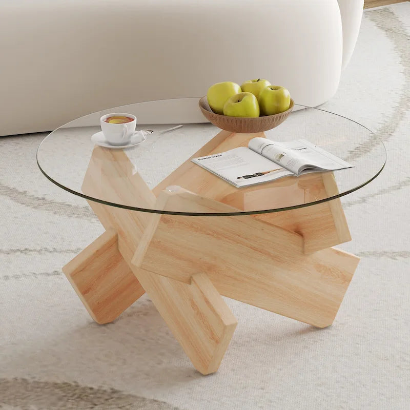 33.4 Modern Round Coffee Table with Clear Tempered Glass Top and MDF Legs for Living Room