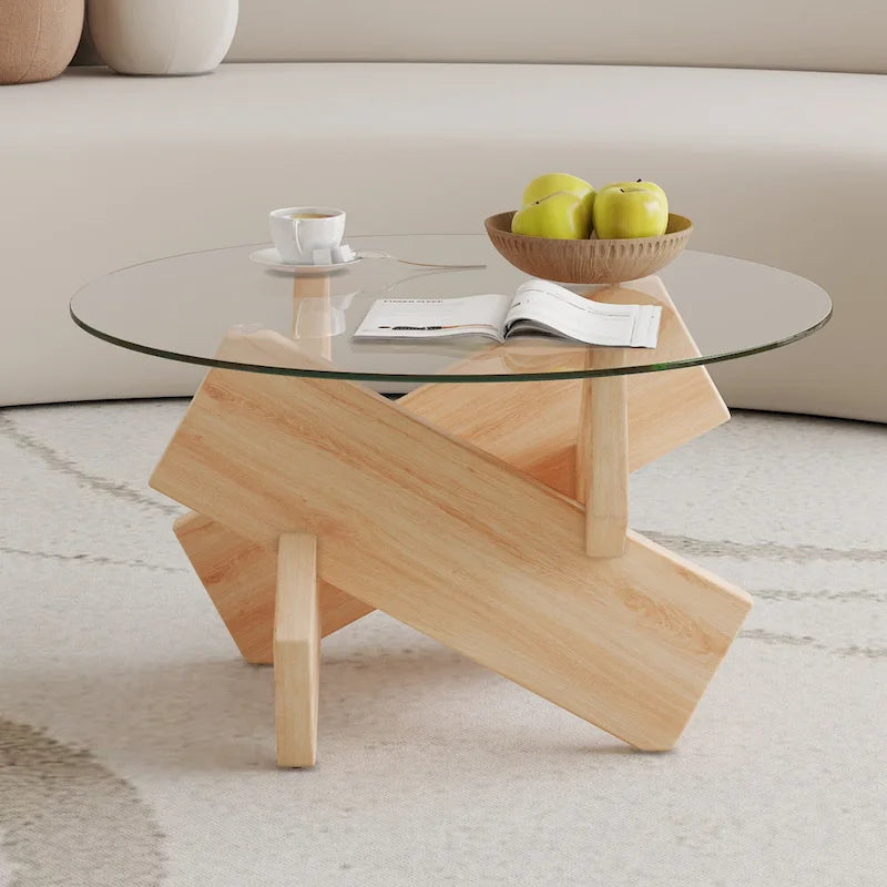 33.4 Modern Round Coffee Table with Clear Tempered Glass Top and MDF Legs for Living Room