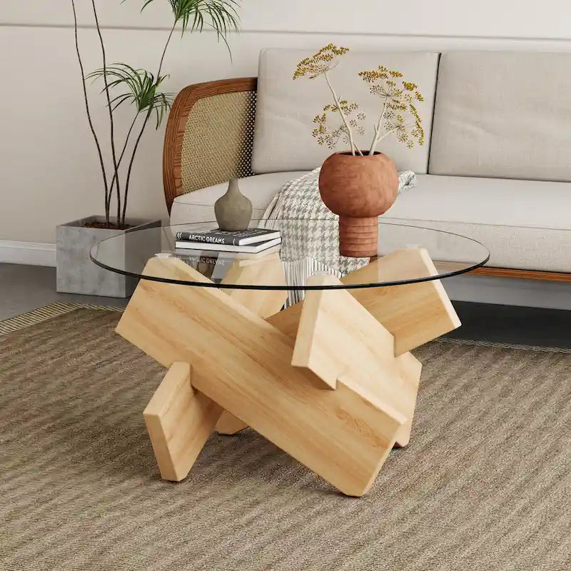 33.4 Modern Round Coffee Table with Clear Tempered Glass Top and MDF Legs for Living Room
