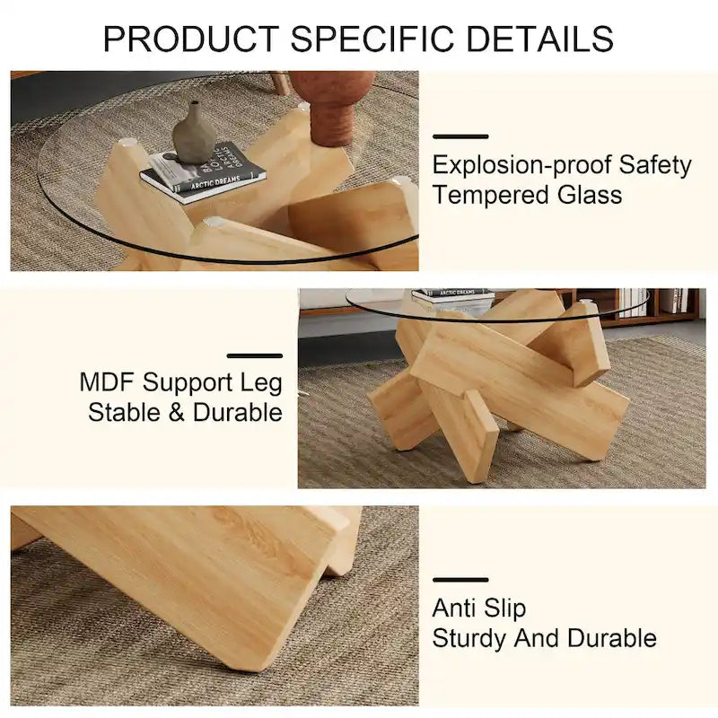 33.4 Modern Round Coffee Table with Clear Tempered Glass Top and MDF Legs for Living Room