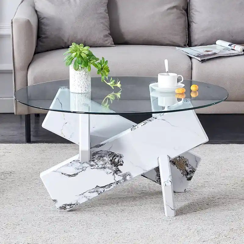 33.4 Modern Round Coffee Table with Clear Tempered Glass Top and MDF Legs for Living Room