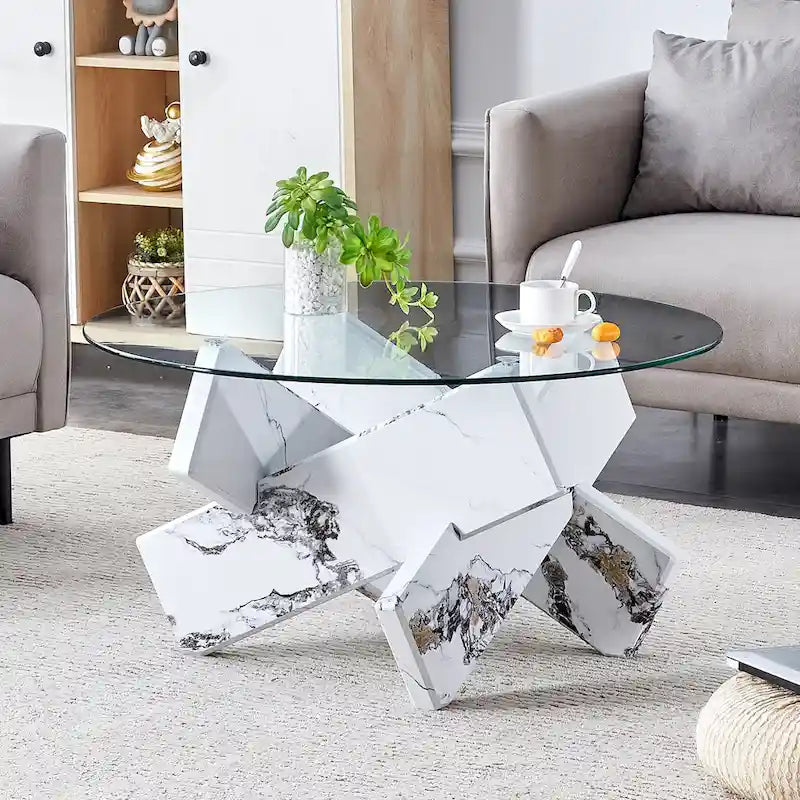 33.4 Modern Round Coffee Table with Clear Tempered Glass Top and MDF Legs for Living Room