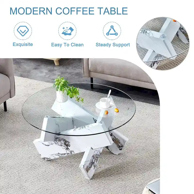 33.4 Modern Round Coffee Table with Clear Tempered Glass Top and MDF Legs for Living Room