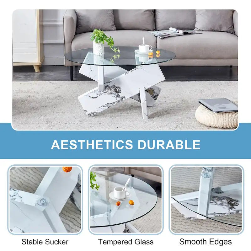 33.4 Modern Round Coffee Table with Clear Tempered Glass Top and MDF Legs for Living Room
