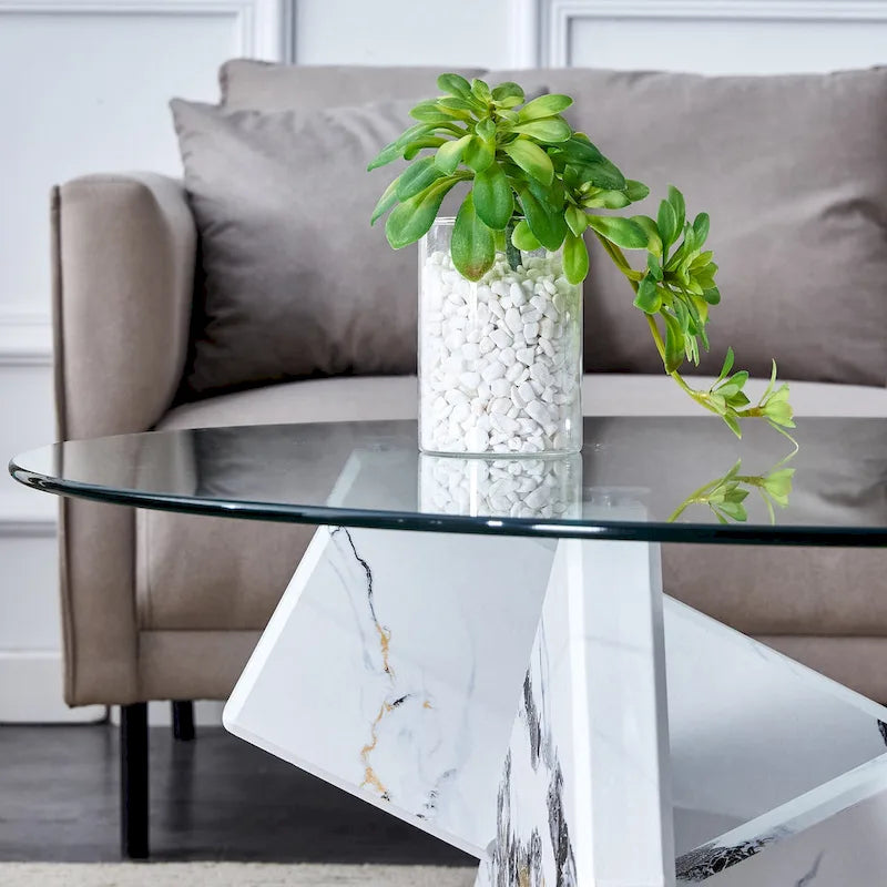 33.4 Modern Round Coffee Table with Clear Tempered Glass Top and MDF Legs for Living Room