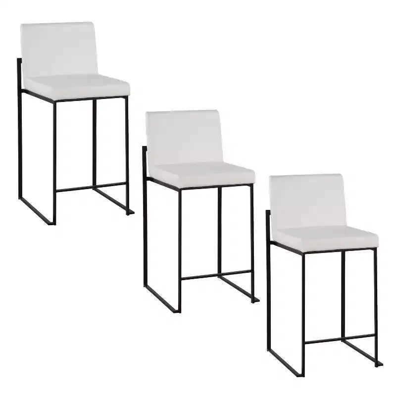 LumiSource Set of 3 Fuji High Back Counter Height Barstools Black Steel/White PU